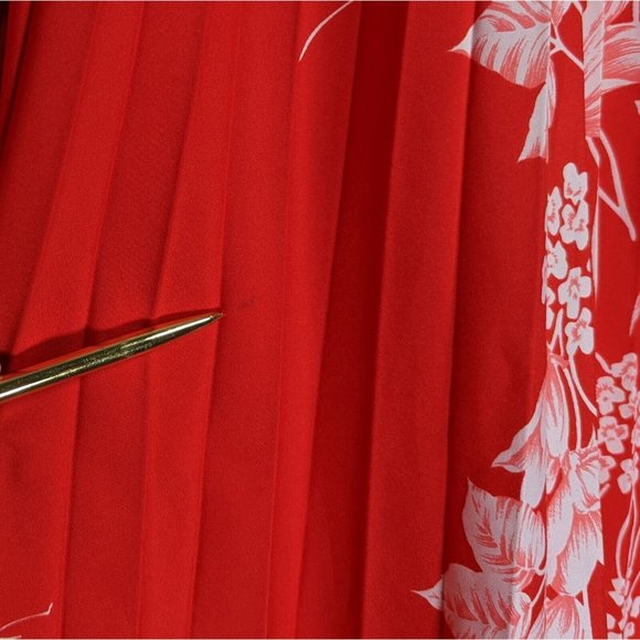 Stunning Vintage Pleated Hawaiian Accordion Caftan Dress Bright Red Floral OSFM - Picture 4 of 12